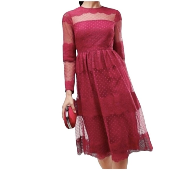 ASOS Dresses & Skirts - ASOS Burgundy Lace & Sheer Long Sleeve Midi Dress Elegant Romantic Bridgerton